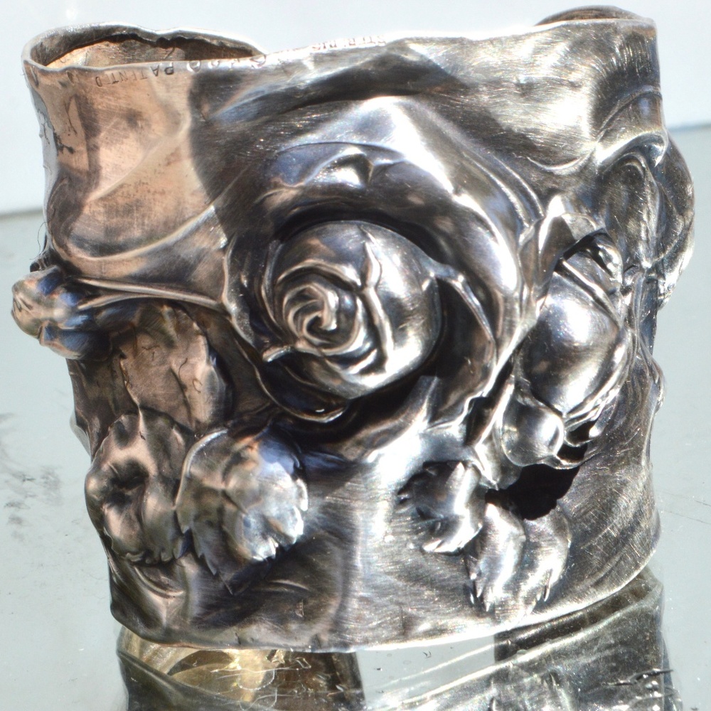 Rose Floral Rare Antique Solid Sterling Silver 925 Wide Cuff Wedding Bridal - Picture 2 of 8
